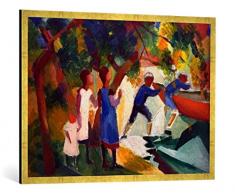 Gerahmtes Bild von August Macke Spielende Kinder am Wasser, Kunstdruck im hochwertigen handgefertigten Bilder-Rahmen, 100x70 cm, Gold Raya