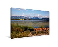 Calvendo Premium Textil-Leinwand 75 cm x 50 cm quer, Bitte Platz nehmen | Wandbild, Bild auf Keilrahmen, Fertigbild auf echter Leinwand, Leinwanddruck: Bank am Hopfensee Orte Orte