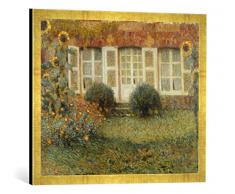 Gerahmtes Bild von Henri Le Sidaner Gartenhaus und Sonnenblumen, Kunstdruck im hochwertigen handgefertigten Bilder-Rahmen, 70x50 cm, Gold Raya
