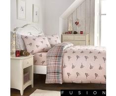 Fusion Scandi Christmas Robin Bettbezug und 2 Kissenbezüge, 100% gebürsteter Baumwollflanell, Rose, Doppelbett