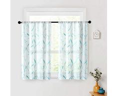 MRTREES Vorhänge mit Weizen-Motiv, Bestickt, durchsichtig, für Küche, Wohnzimmer, Blätter, Stickerei, Badezimmer, Fenster, Schlafzimmer, Stange Oben Landhausstil W25×L36 Weizenspike-Aqua blau