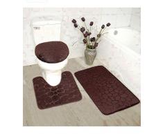 Elegant Home 3-teiliges Badteppich-Set aus Memory-Schaum, Badematte, Konturmatte, Deckelbezug, rutschfest mit Gummirückseite, #New Rock Dark Brown / Chocolate