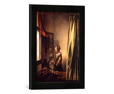 Gerahmtes Bild von Jan Vermeer Van Delft Brieflesendes Mädchen am offenen Fenster, Kunstdruck im hochwertigen handgefertigten Bilder-Rahmen, 30x40 cm, Schwarz matt