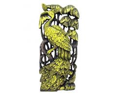 Blaue Orchidee handgeschnitzte Pfauen-Skulptur, Thailand, Teakholz, Relief, 45,7 cm 18 Tall Gold Right