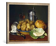 Gerahmtes Bild von Monogrammist L.S Stilleben mit Pellkartoffeln, Kunstdruck im hochwertigen handgefertigten Bilder-Rahmen, 70x50 cm, Silber Raya