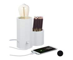 Relaxdays Tischlampe mit USB Anschluss, Stiftehalter, E 27 Fassung, Schreibtischlampe HxBxT: 18,5 x 19 x 10 cm, weiß