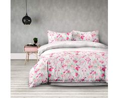 AmeliaHome 06891 4tlg 2 x Biber Bettwäsche 155x220 cm mit 2 Kopfkissenbezügen 80x80 cm 100% Baumwolle Blumenmuster Bettbezug Reißverschluss Snuggy Collection Sweet Dreams Vogel weiß rosa