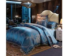 PYCLIFE Bettwäsche-Set aus luxuriösem Prinzessinnen-Spitze, Jacquardgewebe, 3-teiliges Bettwäsche-Set für Doppelbett, King-Size-Bett King blau