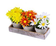 Set von 3 künstlichen Gänseblümchen in Töpfen Orange Gelb Weiß Seiden-Sonnenblumen Mini-Topf-Pflanzen Arrangement mit Holz-Übertopf für Frühling Sommer Indoor Büro Tischdekoration Hochzeit Tafelaufsatz