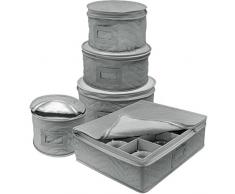 Hersbrucker Geschirr Aufbewahrung 5 teiliges Set für Schutz oder Transport Geschirr – Service für 12 – Rund Teller und Tasse gesteppt Schutz, Filz Protektoren für Teller, feines Porzellan Fall grau