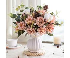 YILIYAJIA Künstliche Rosensträuße mit Keramikvase, Kunstblumen, Dekoration für Tisch, Zuhause, Büro, Hochzeit Rosa mit Tannenzapfen