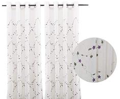 ForenTex Vorhang Bestickt (M0582) lichtdurchlässige Scheibengardine mit 8 Metallösen für Wohnzimmer/Schlafzimmer Stil Blumendeko, 100% Polyester, Lila, 1 Stück 145 x 260 cm