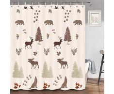 JAWO Bär Duschvorhang Bär Elch Elch Wolf Rustikal Hütte Kiefer Wald Wildlife Bad Deko Badezimmer Zubehör Set Stoff Badezimmer Vorhang Set mit Haken 70 Zoll