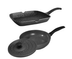 Warimex 12402 Stoneline Aluminium 3-teilig Pfannen Set bestehend aus 28 cm Schmorpfanne, 28 cm Grillpfanne und 29 cm Spritzschutzdeckel, auch für Induktion