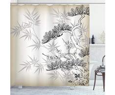 ambesonne Japanische Decor Kollektion, Rosa Blüten Mit Schmetterlinge Inspiration Wachstum Flourish natur Thema Polyester-Japanisch Cherry Tree,-Badezimmer Duschvorhang Set mit Haken, Pink, Textil, Multi 3, 69W x 75L