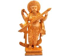 craftvatika Holzfigur Saraswati Idol, handgefertigt, dekorative Skulptur, Hindu-Göttin, Musik Dame