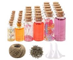 CUCUMI 44 Mini-Glasflaschen mit Korkverschluss, Wunschflaschen (20 Stück 5 ml und 12 Stück 10 ml und 12 Stück 20 ml), 50 Stück Ösenschrauben, 30 Meter Schnur und 2 Trichter