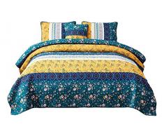 DaDa Bedding Patchwork-Tagesdecke mit Blumenmuster, Blumenmuster, gesteppt, Hellgelb/Blau/Blaugrün Garten King Petrol