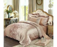 UniTendo 4 Stück Satin Baumwolle Jacquard Bettbezug Sets, zarte Blumenmuster Bettwäsche-Sets, Bettbezug Bettlaken und 2 Kopfkissenbezüge, Champagner, Twin/XL Twin Queen/XL Twin champagnerfarben