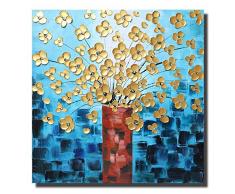 HLJ ART Ölgemälde, handbemalt, mit Blüten, Goldfarbene Blumen, modernes Ölgemälde, für Zuhause, Büro, Dekoration, fertig zum Aufhängen 32x32inch Gold
