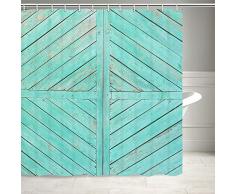 NYMB rustikaler Holz-Duschvorhang, Landhaus-Tür, Landhaus-Tür, Holz-Vintage-Stil, Blaugrün, Landhaus-Tuch-Duschvorhang-Set, Stoff Landhaus-Stil, Duschvorhang für Badezimmer, 12 Haken, 177,8 x 177,8 cm