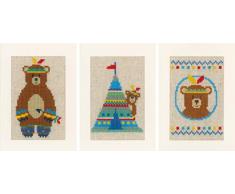 Vervaco Indianer Bär, 3er Set Grußkarten zum Sticken in Kreuzstich, Baumwolle, Mehrfarbig, 10.5 x 15 x 0.3 cm, 3-Einheiten