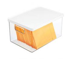 mDesign Schreibtischablage für Stifte, Notizzettel, Büroklammern usw. – Aufbewahrungsbox mit Griffen und Deckel aus robustem Kunststoff – Ordnungshelfer für Büromaterialien – durchsichtig/weiß