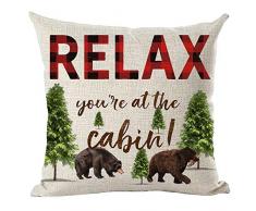 ramirar rot-braunes Wort Art Zitat Relax You Are at The Cabin Bears Froest Trees inspirierende Dekokissenhülle Kissen Home Wohnzimmer Bett Sofa Auto Baumwolle Leinen quadratisch 45,7 x 45,7 cm