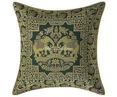 Stylo Culture Indisch Brokat Dekorativ Kissenhülle 40 x 40 cm Handgemacht Dunkelgrünes Gold Jacquard 16 x 16 Inch Elefant Traditionell Dekokissen Quadrat Kissenbezuge (1 Piece)