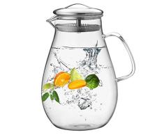 Hiware Glas-Krug mit Edelstahldeckel, Wasserkaraffe mit Griff, für selbstgemachten Saft und Eistee, Reinigungsbürste im Lieferumfang enthalten