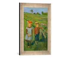 Gerahmtes Bild von Paula Modersohn-Becker Zwei Kinder in der Sonne am Wiesenzaun stehend, Kunstdruck im hochwertigen handgefertigten Bilder-Rahmen, 30x40 cm, Silber Raya