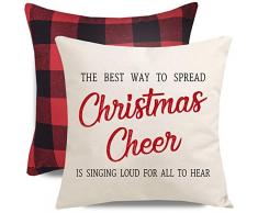 PANDICORN Set von 4 Weihnachts-Kissenbezügen für Zuhause, Weihnachtsdekoration, Weihnachtsbaum, Schlitten, Santa Rentier, rot und schwarz Buffalo Plaid Karo Überwurf Kissenbezüge, 18 x 18 cm 18 x 18 Rot-schwarzes Büffelkaro, Weihnachtsjubel.