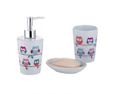 axentia Bad-Garnitur Eule, dreiteilig, Keramik, Bad-Set bestehen aus Seifenspender, Seifenschale und Zahnputzbecher, mit trendigem Eulendekor, Hingucker im Badezimmer oder WC