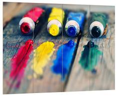 Pixxprint HBVs_2758_80x60 verschiedene Farbtuben auf Holztisch MDF-Holzbild im Bretterlook Wanddekoration, bunt, 80 x 60 x 2 cm