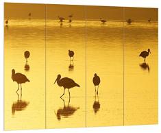 Pixxprint HBVs_1229_80x60 Pelikanschwarm in Wasser bei Sonnenuntergang MDF-Holzbild im Bretterlook Wanddekoration, bunt, 80 x 60 x 2 cm