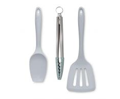 Zeal JSET27S Kochlöffel, Kochzange und Pfannenwender, antihaftbeschichtet, Silikon, 3-teiliges Set, Grau