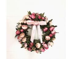 Landy 25,4 cm Rosenkranz mit Schleife Pfingstrose Blumen Girlande Kranz Handarbeit Home Dekoration für Hochzeit Weihnachten Party Valentinstag Rose Rot