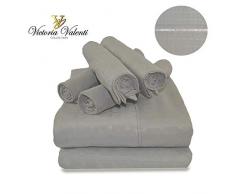 Victoria Valenti Bettlaken-Set mit 4 Kissenbezügen (Zwei Kissenbezüge), Doppelbett gebürstet und sehr weich mit tiefen Taschen für extra Tiefe Matratze, Mikrofaser, hypoallergen Full Silber