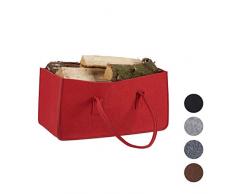 Relaxdays Kaminholztasche aus Filz, tragbarer Feuerholzkorb, faltbarer Zeitungshalter HxBxT: 25 x 25 x 50 cm, rot