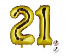 Relaxdays Folienballon Zahl 21, Dekoballon für 21. Geburtstag, Ösen zum Aufhängen, XXL Zahlenballon, 85-100 cm, Gold