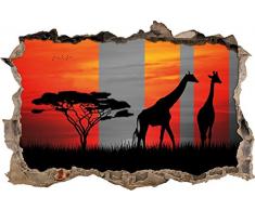 Pixxprint 3D_WD_5304_62x42 Afrika Giraffen im Sonnenuntergang Wanddurchbruch 3D Wandtattoo, Vinyl, schwarz / weiß, 62 x 42 x 0,02 cm