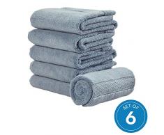 iDesign 6er-Set Handtücher, kleines Handtuch mit gewebter Verzierung aus Baumwolle, weiches und saugfähiges Handtuch Set mit Aufhänger für Waschbecken und Gäste-WC, rauchblau