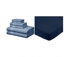 AmazonBasics - Handtücher für den Alltag - 2 Badetücher, 2 Handtücher und 2 Waschlappen, Kornblumen-Blau & Spannbetttuch, Mikrofaser, Marineblau, 140 x 200 x 30 cm