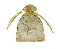 Ankirol 100 Stück Organza-Geschenkbeutel für Hochzeiten, Babyparty, Rattan-Druck, Geschenktüten, Samples Display Kordelzug Beutel, Organza, Gold, 3.5x4.5