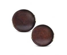 K&K Interiors 15878A Tablett, rund, Leder, bronzefarbene Griffe, 2 Stück