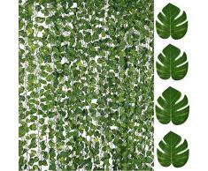Künstliche Weinreben, künstliche Efeu-Blumen, zum Aufhängen, 12 einzelne Stränge plus 12 künstliche Monstera tropische Palmenblätter, für Zuhause, Party, Wand, Küche, Tisch, Garten, Hochzeit, Dekoration für drinnen und draußen.