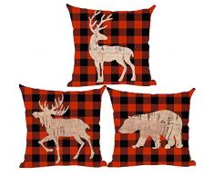 ramirar 3er Set Fröhliches neues Jahr Merry Christmas Retro Hirsch Bär Weinrot kariert Hintergrund Dekorative Überwurf Kissen Kissen Home Wohnzimmer Bett Sofa Auto Baumwolle Leinen quadratisch 45,7 x 45,7 cm