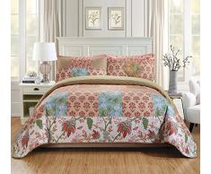 K&M MK Hause über Größe Set Decke Tagesdecke Gesteppt Patchwork Floral Quadrate Beige Rot Hellblau Grün Weiß Neu # Valencia King/California King Beige