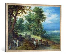 Gerahmtes Bild von Jan Brueghel der Ältere Landschaft mit Gepäckzug, Kunstdruck im hochwertigen handgefertigten Bilder-Rahmen, 100x70 cm, Silber Raya