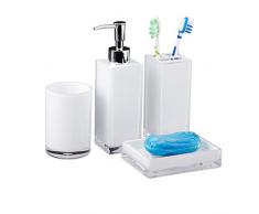 Relaxdays Badaccessoires Set 4-teilig, modern, Zahnputzbecher, Zahnbürstenhalter, Seifenspender, Seifenschale, weiß